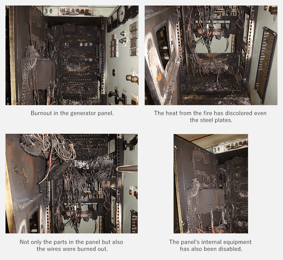 This is a case where a fire spread from poor contact at the ACB contact point and burned out the switchboard. The ferry was out of service for two months until it was restored.