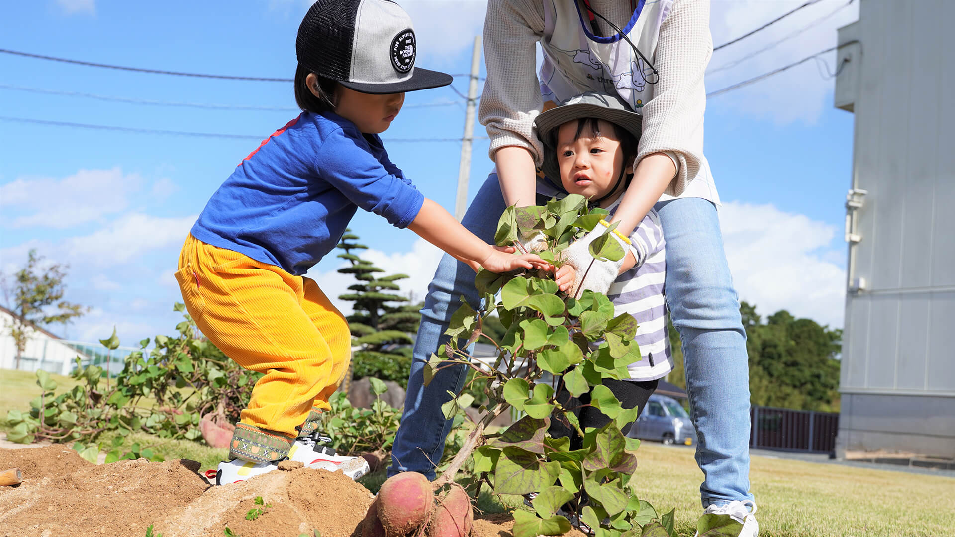 Little children were assisted by older children.